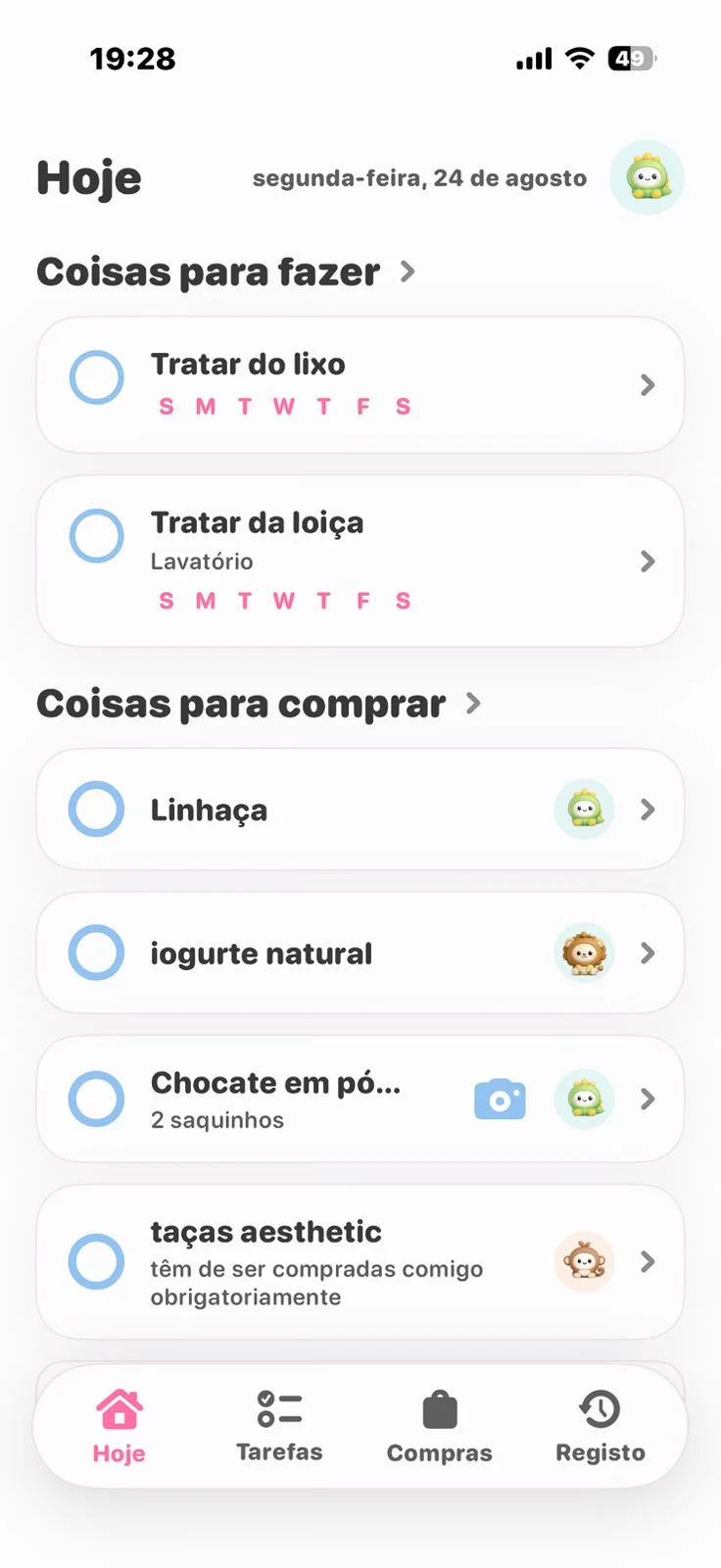 Aplicação Homi com tarefas e lista de compras